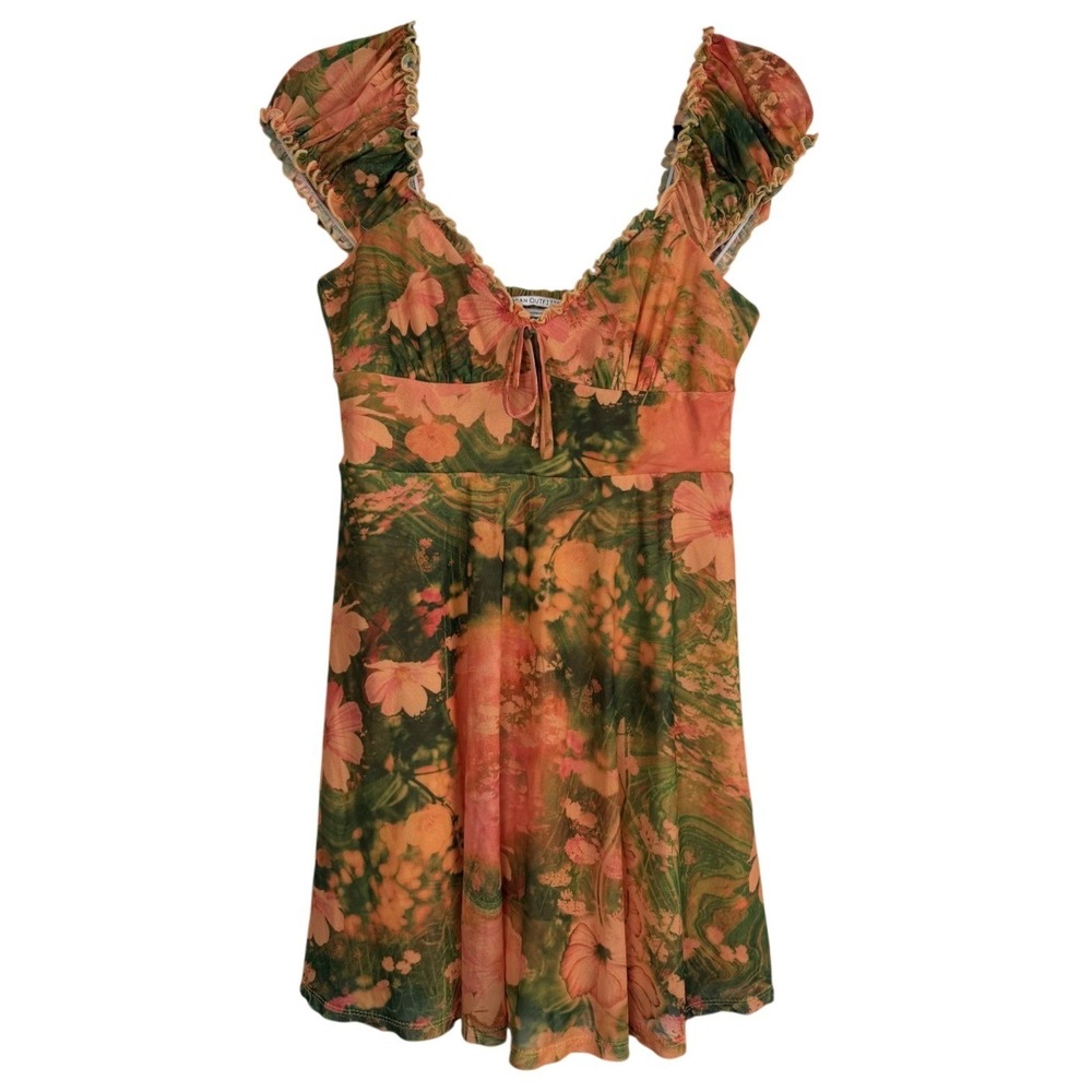 Urban Outfitters Orange Green Floral‎ Mesh Mini Dress Smocked Boho Ruffle Med